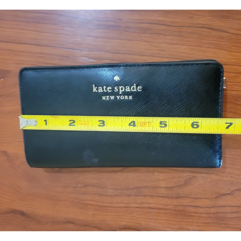 Kate Spade New York Black Saffiano Leather Slim Bifold Wallet Gold Logo AS IS